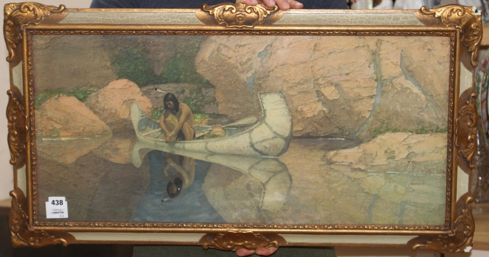 After Robert Wesley Amick (1879-1969) colour print, Native American fishing from a canoe, 35 x 75cm